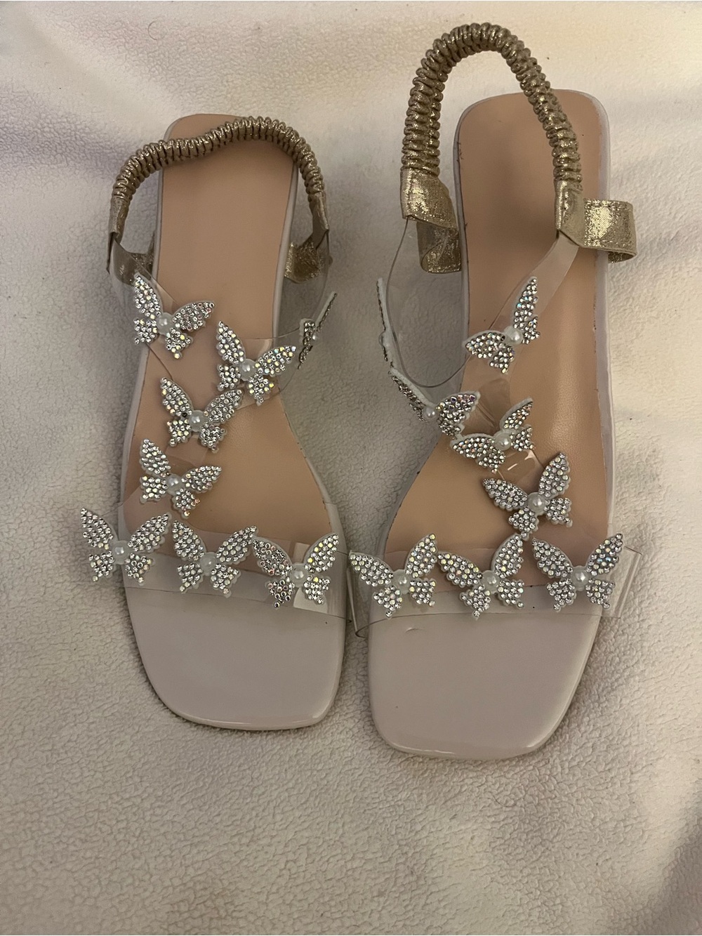 Crystal Butterfly Embellished Nude Slingback Square Toe Block Heels